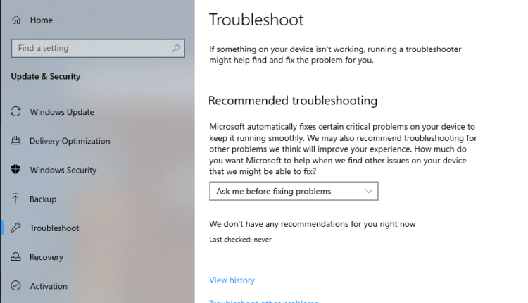 Cara Setting Recommended Troubleshooting pada Windows 10