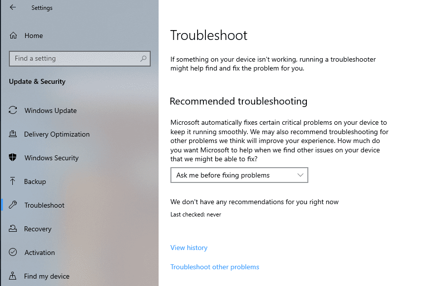 Cara Setting Recommended Troubleshooting pada Windows 10